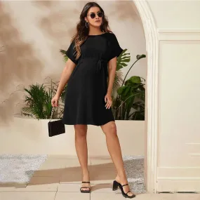 Maternity Clothings Solid Color Soft Elastic Maternity Dress Fashionable and Elegant Short Sleeved High Waisted Lace Up Dress