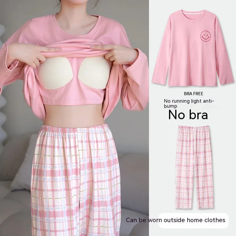 Plus Size New with Chest Pad Spring Long Sleeve Loose Home Casual Wearable Comfortable Stylish Trendy Ins Cute Women's Pajamas